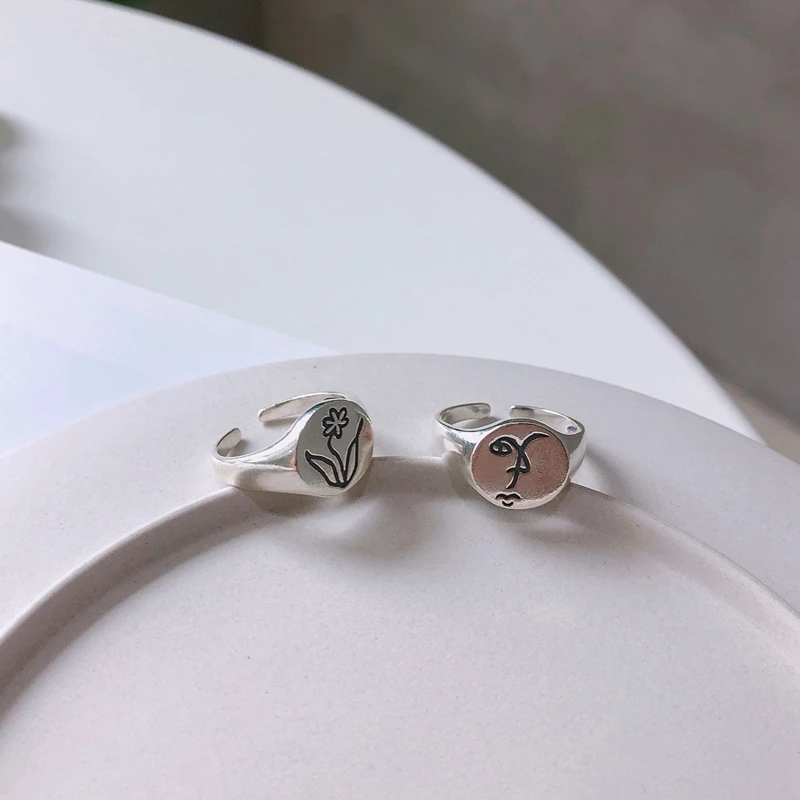 LouLeur 925 пробы серебряные кольца для женщин круглая скульптура человеческое лицо цветок уникальные кольца для сестры элегантные серебряные 925 ювелирные изделия
