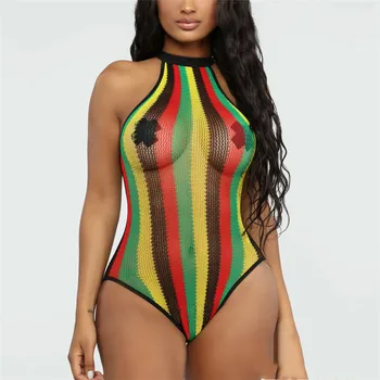 

Swimwear Striped Women Swimwear See Through One Piece Swimsuit Monokini Bathing Bikini Halter Swimming Suit For Women