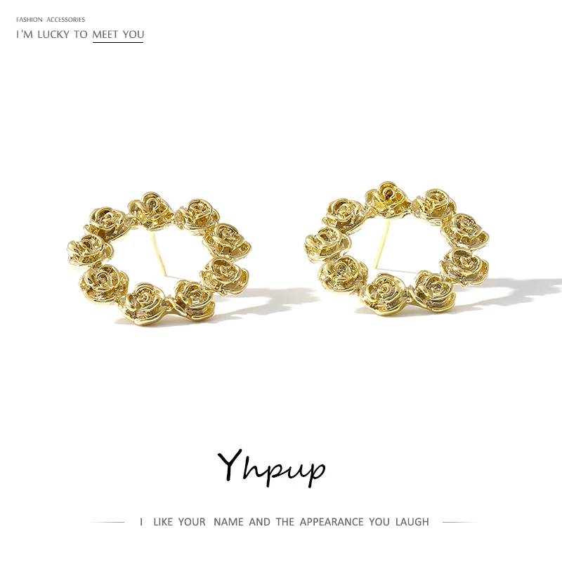 Yhpup модные золотые розы венок изысканные серьги-гвоздики из цинкового сплава шикарные брендовые серьги для женщин вечерние ювелирные изделия подарок S925