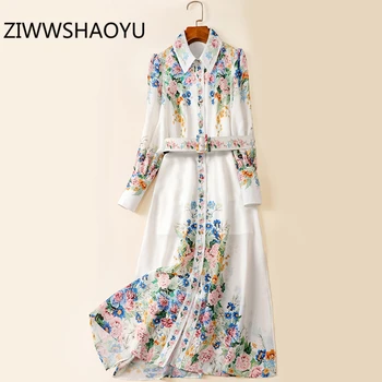 

ZIWWSHAOYU Summer Women Vintage Party Dresses Runway Designer Ladies Multicolor Floral Print Sashes Long Dress Shirt Dress