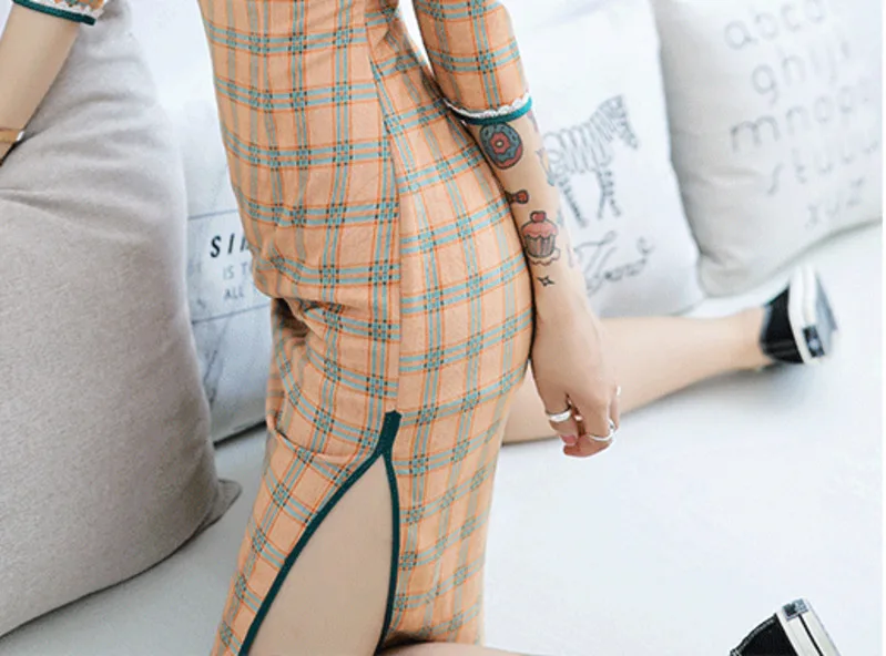 SHENG COCO женское клетчатое кружевное платье Cheongsam современная мода маленькое свежее платье винтажное китайское с длинным рукавом Ретро Qipao сексуальное тонкое