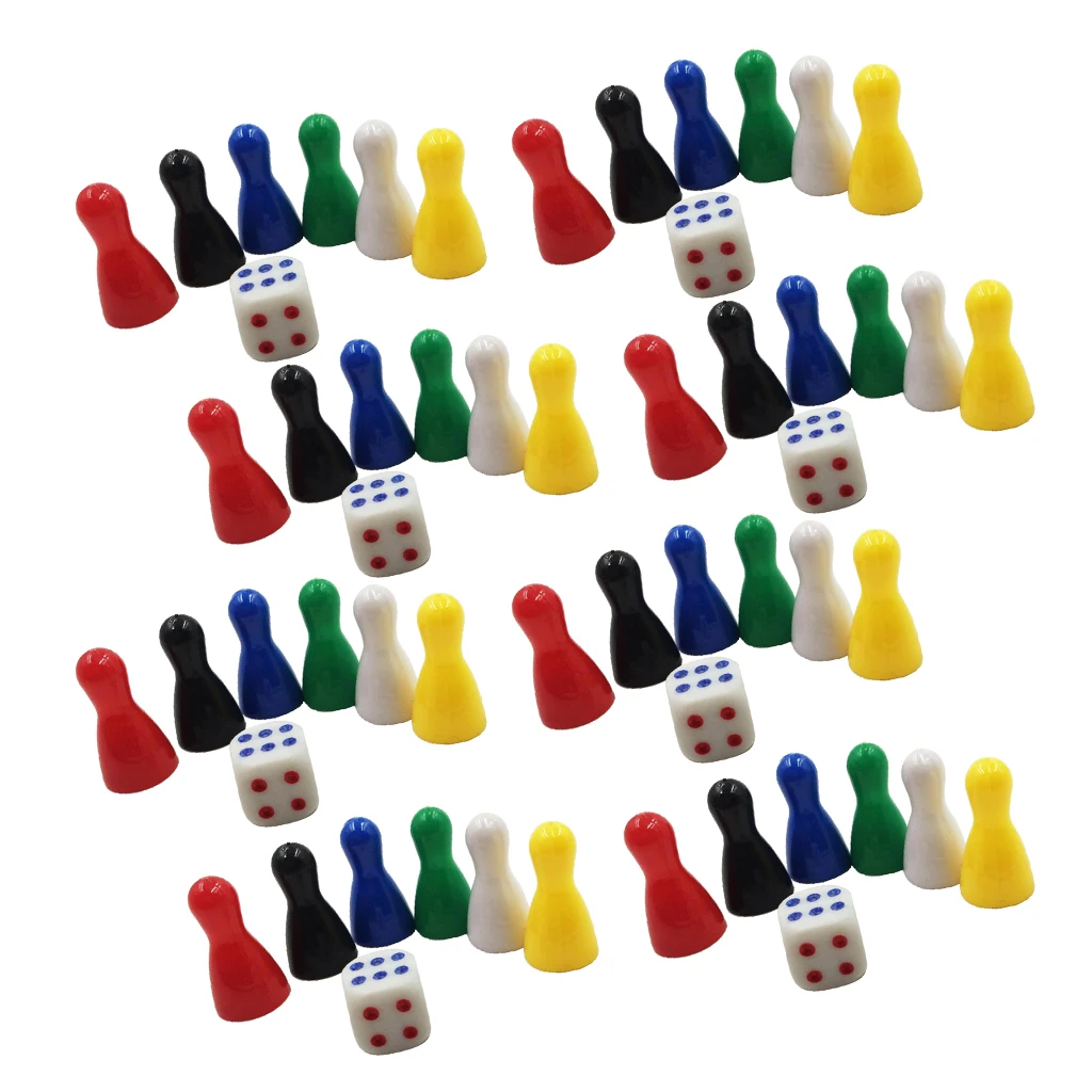 48 Pieces 1 Inch Multicolor Plastic Chess Pieces with 8 Dice for Board Games, Component, Tabletop Markers, Arts and Crafts
