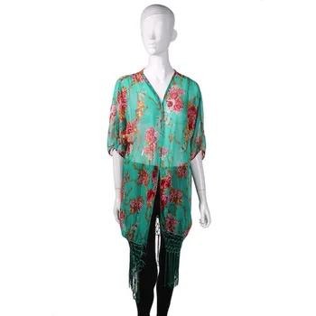 

Fashion Stylish Women Elegant Chiffon Tassels Fringed Cover Beach Coat Flower Print Top quality New Hot Selling