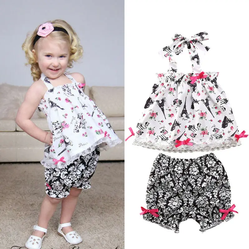 

Pudcoco Baby Summer Clothing 2CPS Toddler Baby Girl Clothes Paris Tower Print Halter Skirt Mini Dress Shorts Outfit Set