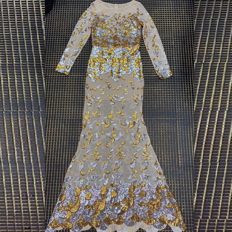 Знаменитостей роскошный блестящий длинный рукав сетка Vestidos женский элегантный вокруг шеи сексуальное облегающее вечернее платье Макси
