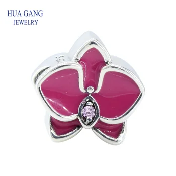 

925 Sterling Silver 792074EN69 Red Orchid Charm Bracelet Women Jewelry Fits Pandora Charms Bracelet DIY