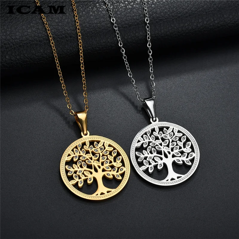 ICAM Natural Crystal Stone Quartz Necklace &amp Pendant Silver-color Tree of Life Round Shape for Women Stainless Steel Jewelry | Украшения