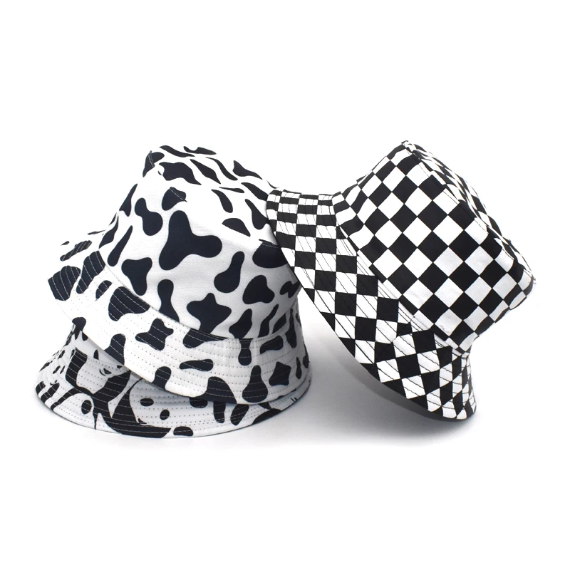 FUODRAO New Fashion Pink Panama Reversible Black White Cow Pattern Bucket Hats Fisherman Caps For Women Gorras Summer M111