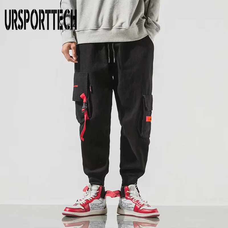 

Hip Hop Cargo Pants Joggers Men Black Harem Pants Multi-pocket Ribbons Man Sweatpants Streetwear Elastic Waist Casual Pants Male