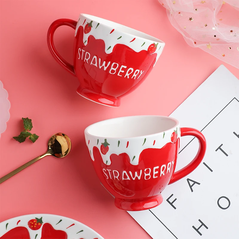 400ml Embossed Porcelain Cute Cup Strawberry Design Ceramic Red Mugs Coffee Cups Noel Halloween Mug Vaso Cafe Cup Reusable Mugs Aliexpress