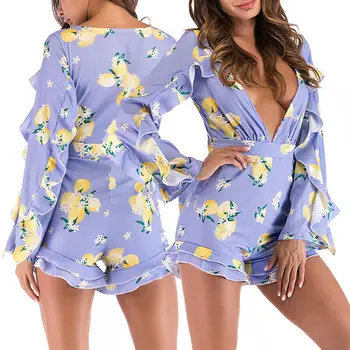 

Women Casual Long Sleeve Ruffles Bodycon Romper Jumpsuit Club Tight Bodysuit Short Pants Girls Streetwear robe femme