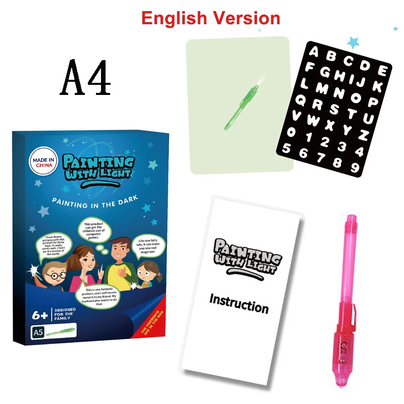 A4 English Ver. Светящаяся доска для рисования детская забавная развивающая для рисования граффити Рисование планшет Рисование с подсветкой-забавная флуоресцентная ручка обучающая игрушка - Цвет: A4 English Ver.