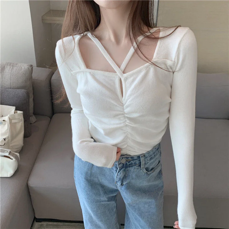 

Fan Cross Hollowed Out T-shirt Ground Bottoming Long Sleeve Shirt Female Autumn Winter Slim Fit Short Sexy T Women Tshirt Vogue