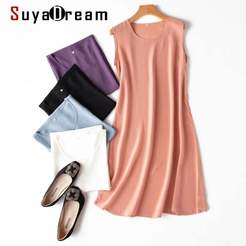 

SuyaDream Woman Mini Dress 100%Silk Crepe Solid A line Sleeveless O neck Dresses 2020 Spring Summer Elegant Silk Dress Vestidos