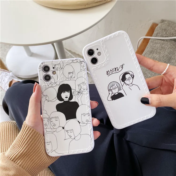 

Retro sweet girls line art kawaii japanese Phone Case For iPhone 11 Pro Max Xr Xs Max 7 8 Plus 7Plus case Cute couple Soft cover