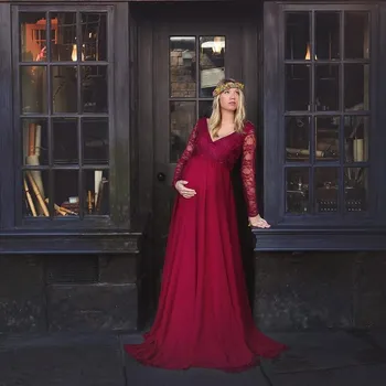 

Maternity Gown Lace Maxi Dress Pregnant Women Clothes Photography Pregnancy Long Sleeve V-neck Dresses Photo Shoot Clothing 2020