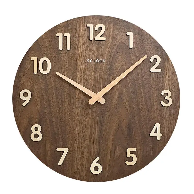14 дюймов настенные часы гостиная немой простой деревянный большой декоративный спальня современные кварцевые цифровые часы Ретро Wathces круглые - Цвет: E