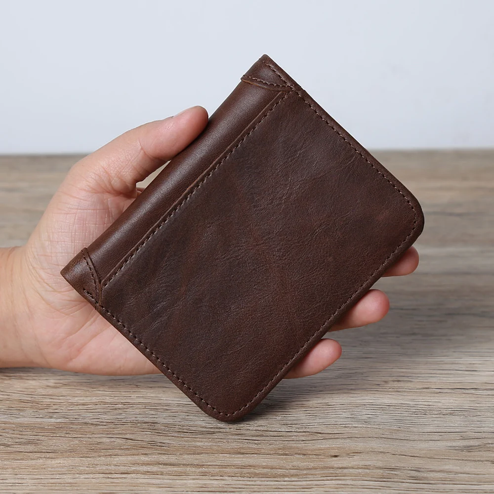 

Vintage Men Wallet Small Slim Money Bag Genuine Leather Brown Mini Card Holder Pocket Photo Holder Clip Fold Coin Bags