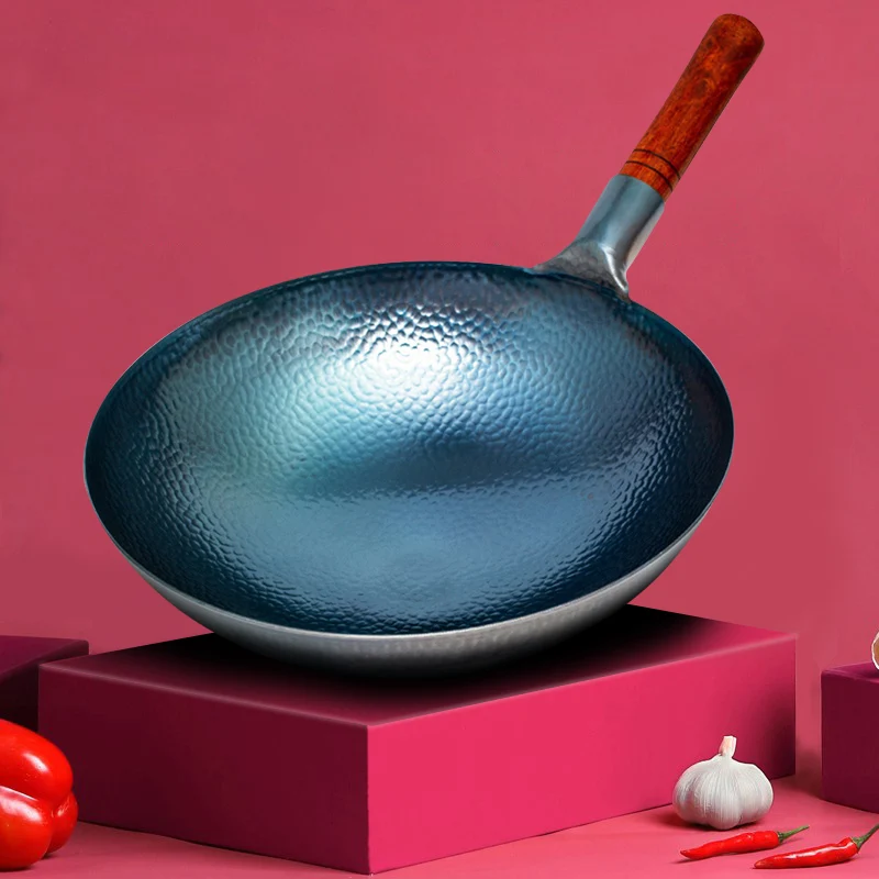 Hammered Cast Iron Wok,carbon Steel Round Bottom Wok ,blue Kitchen