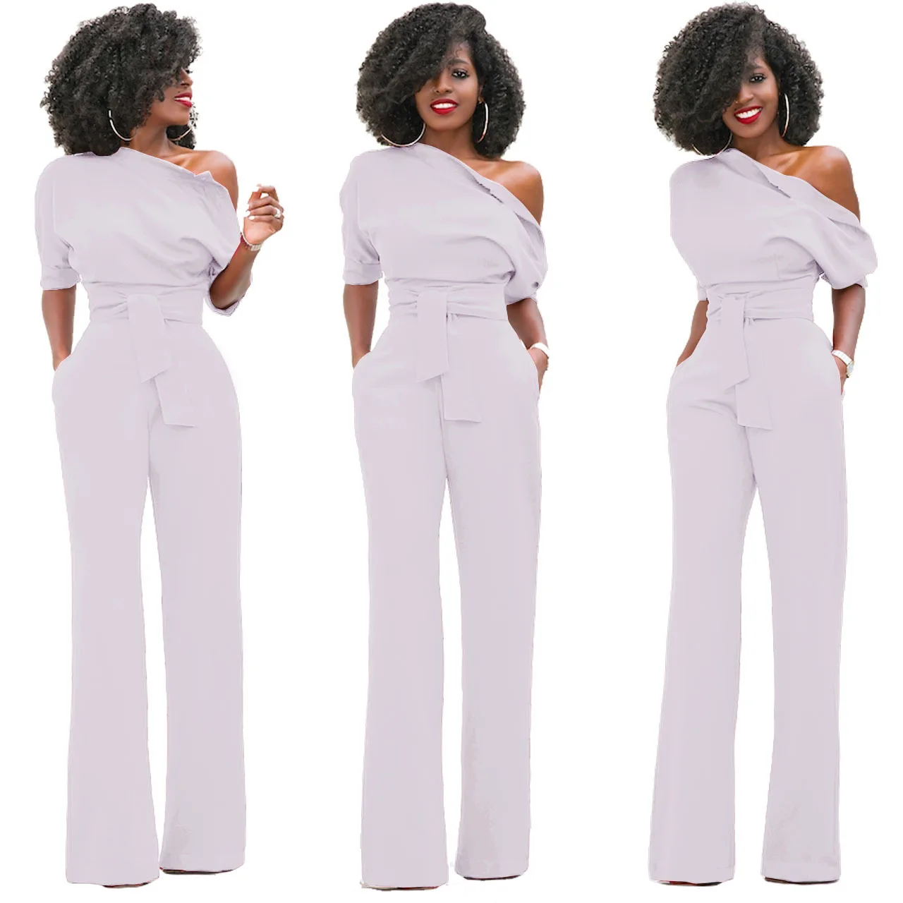 

Ladies Mid waist Trousers Casual Autumn Women's Clothing Classic Solid Color Diagonal Collar Button One-piece Wide leg Pants