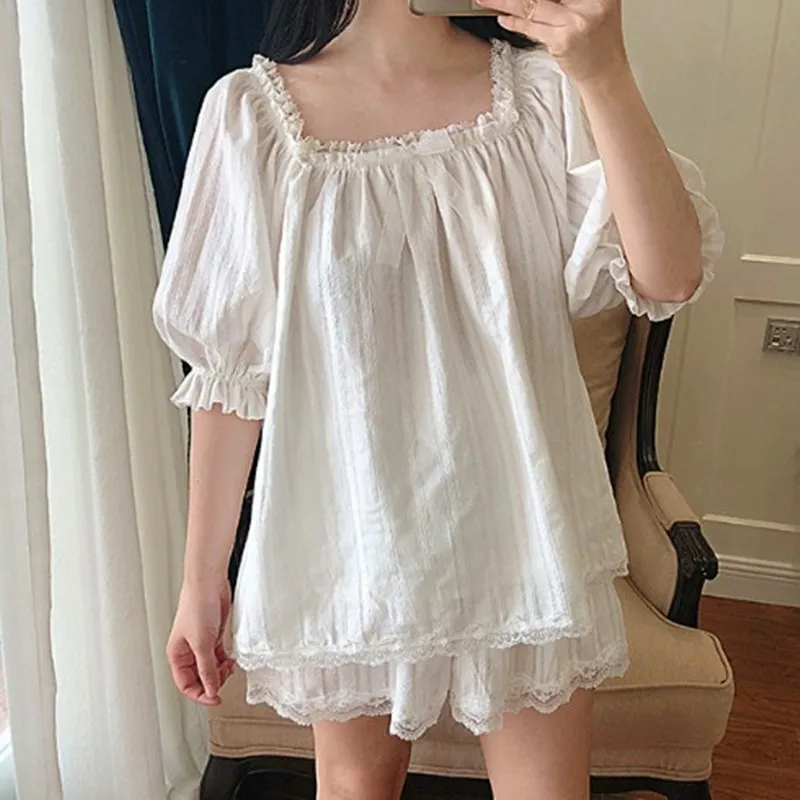 

Women Pijamas Set Cotton Summer Shorts Pajamas Korean Loose Sleepwear Casual Pyjama femme White Lace Sweet Ladies Home Clothes