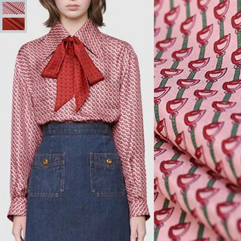 

135CM Wide 18MM Stirrup Print Stretch Pink Red Silk Crepe de Chine Fabric for Summer Dress Shirt Scarf Cheongsam Suit DE1235