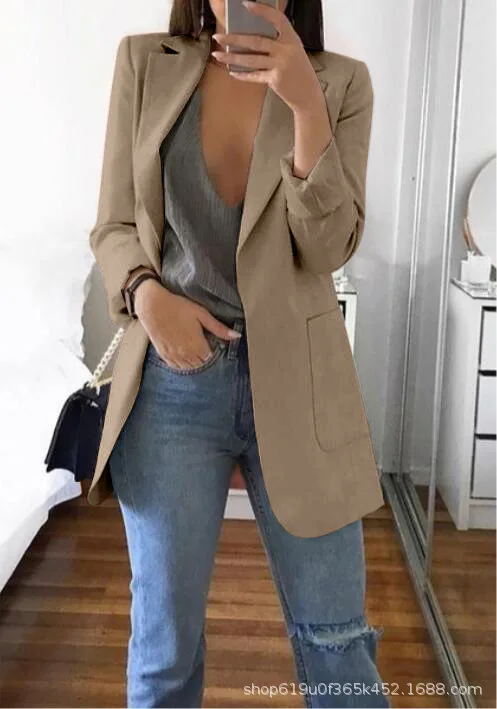 Fashion Slim Blazers Women Autumn New Suit Jacket Female Work Office Lady Suit Pocket Business Notched Blazer Coat Plus Size-85 - Цвет: Khaki