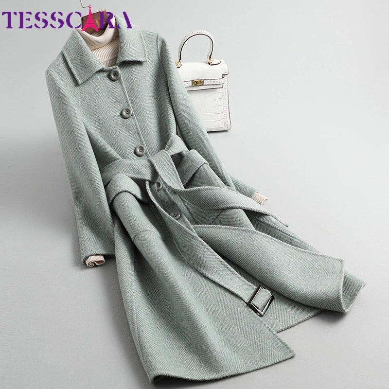 

TESSCARA Women Winter Elegant Wool Blend Belt Basic Jacket Coat Female High Quality Long Cashmere Jackets Outerwear & Coats