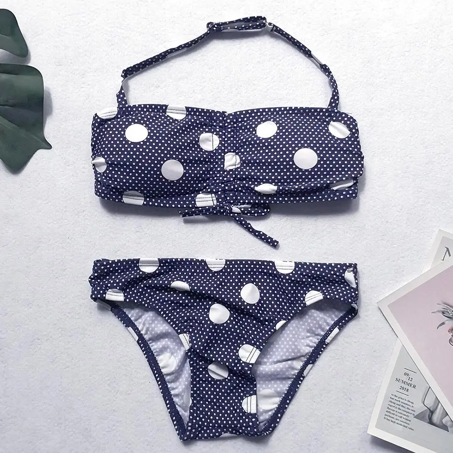 Navy Blue Купальный костюм для девочек от 6 до 10 лет Детский комплект бикини для девочек в горошек Топ с лямкой на шее детская купальная одежда из двух предметов купальный костюм для девочек одежда для плавания - Цвет: Navy Blue