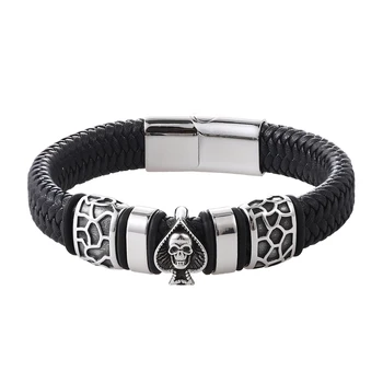 Handsome Punk Stainless Steel Magnetic Clasp Skull Accessories Braided Genuine Leather Bracelet  for Men Classic Bangles Gifts