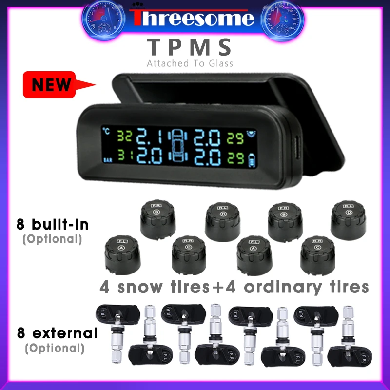 

TPMS Original Wireless HD Solar Charge Car Tire Pressure Alarm Monitor System Display Turn On with Vibration with 4/5/8 Sensors