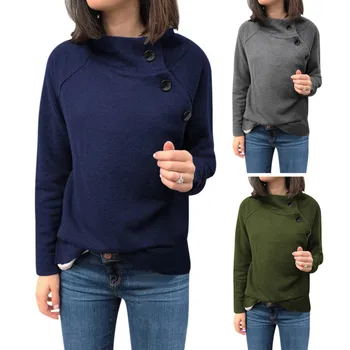 

Women Tops Fashion Button Sweatshirt Turtleneck Long-sleeve Solid Color Sweatshirt Pullover Autumn Winter Clothes