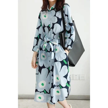 

Flower print simple contrasting women dress loose 3/4 sleeve lady dress