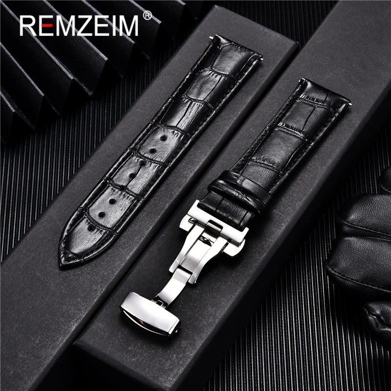 Embossed Genuine Leather Strap with Automatic Butterfly Buckle - Business Watchband