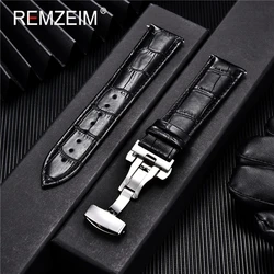 Embossed Genuine Leather Strap with Automatic Butterfly Buckle - Business Watchband - 18mm (Black - s)