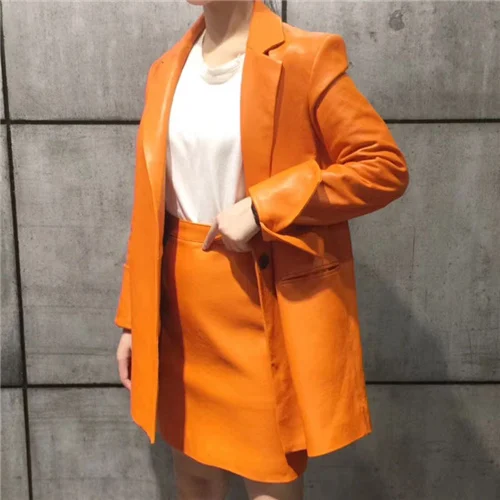 Orange set Фабричная куртка из натуральной кожи, женский дизайн, костюм, юбка, комплект, женский воротник, овчина, мотоциклетная куртка - Цвет: Orange set