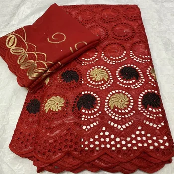 

(5+2yards/set) elegant red color African bazin cotton lace fabric hottest hollow out design wholesales for party dress BZX040