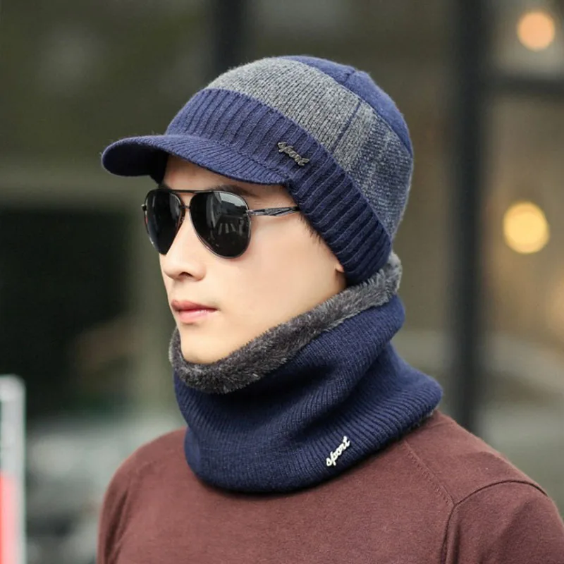 Blue gray set Шапка Skullies Beanies, толстая шапочка, мягкая шапка из флиса для женщин и мужчин, модный шарф, шапка, шарф, набор, зимняя шапка, теплая вязаная - Цвет: Blue gray set