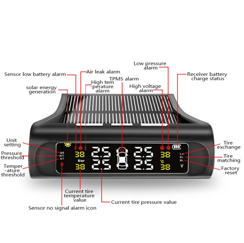 TPMS Солнечный беспроводной монитор давления в шинах встроенный жк-экран звуковой сигнал система давления в шинах