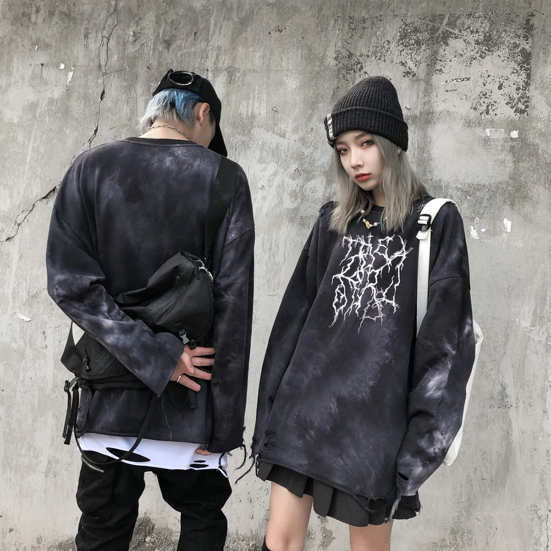 ATSUNSET Lightning Print Sweatshirt Hip Hop Streetwear Harajuku Hoodie  Autumn And Winter Cotton Distressed Pullover Top