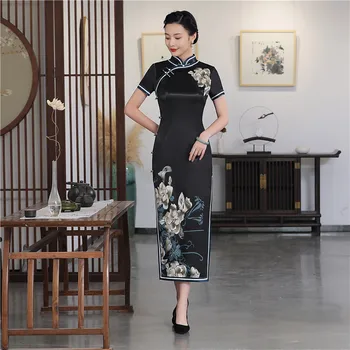

Oversize 4XL 5XL Vintage Oriental Style Women Stage Show Long Qipao Summer Print Floral Elegant Evening Dress Rayon Cheongsam
