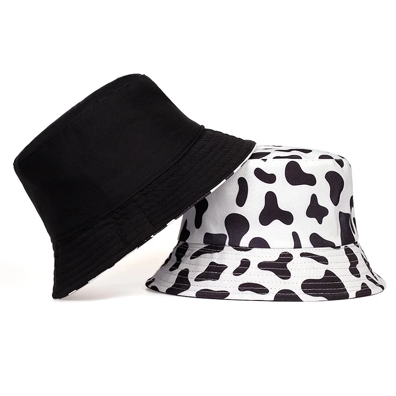 New Fashion Black White Cow Pattern Plaid Bucket Hats For Men Women Reversible Summer Fisherman Fishing hat Gorras
