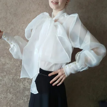 

OUSHANG Elegant Perspective Womens Tops And Blouses Lantern Sleeve Lace Up Plus Size Shirts Female 2020 Autumn Fashion New