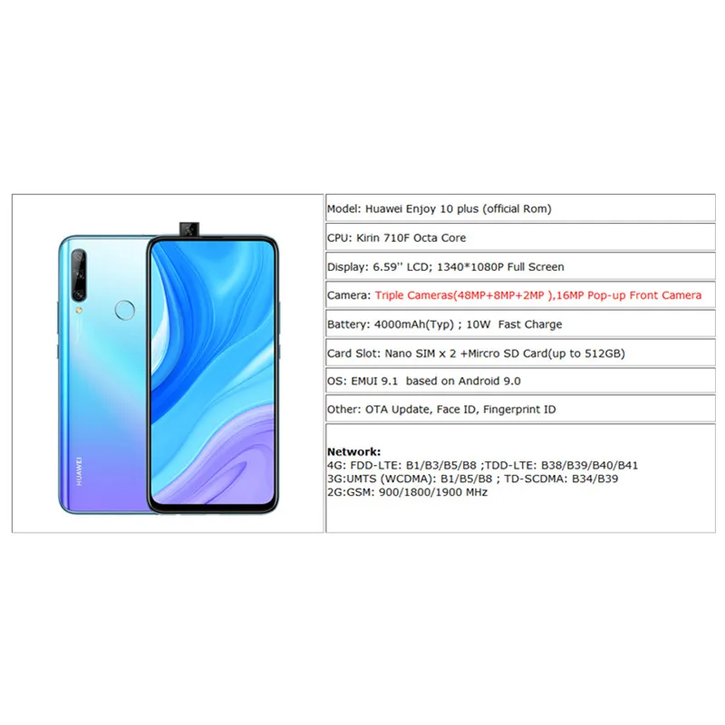 Смартфон HuaWei Enjoy 10 Plus Kirin 710F Android 9,0 6,5" 2340x1080 8 ГБ ОЗУ 128 Гб ПЗУ Мп+ Мп
