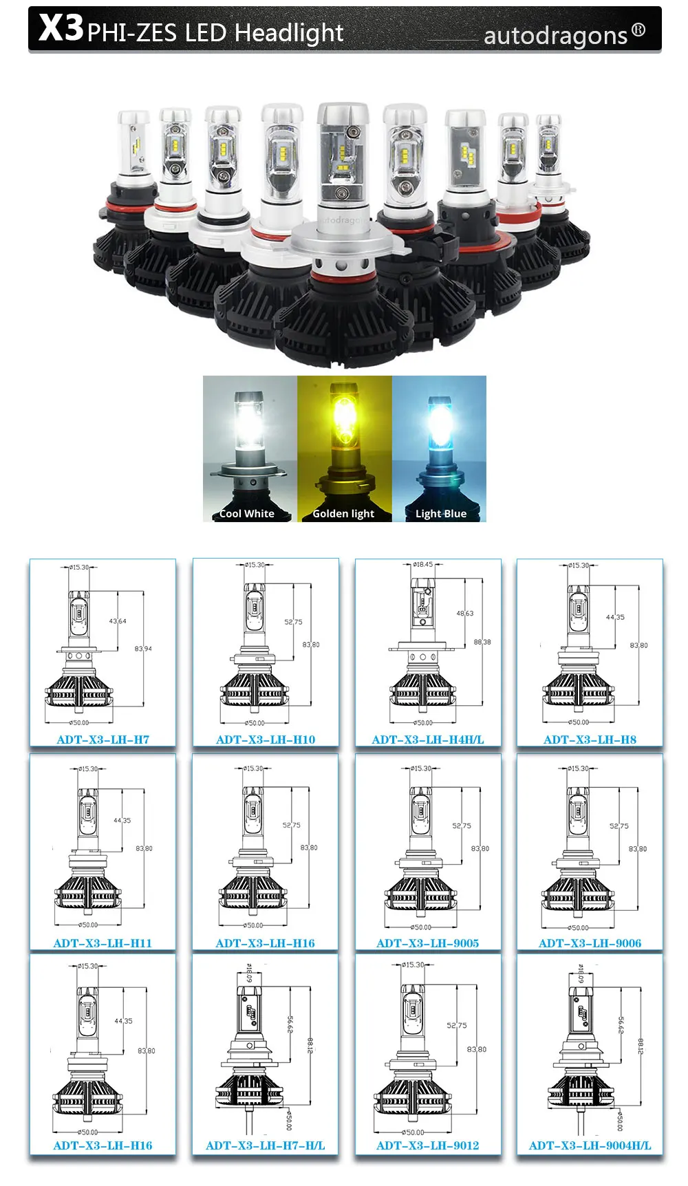 Высокое качество светодиодный лампы для передних фар X3 H1 H3 H4 H7 H9 H13 880 881 9004 9005 9006 9007 мульти-параметры модели: Рост-по вашему выбору