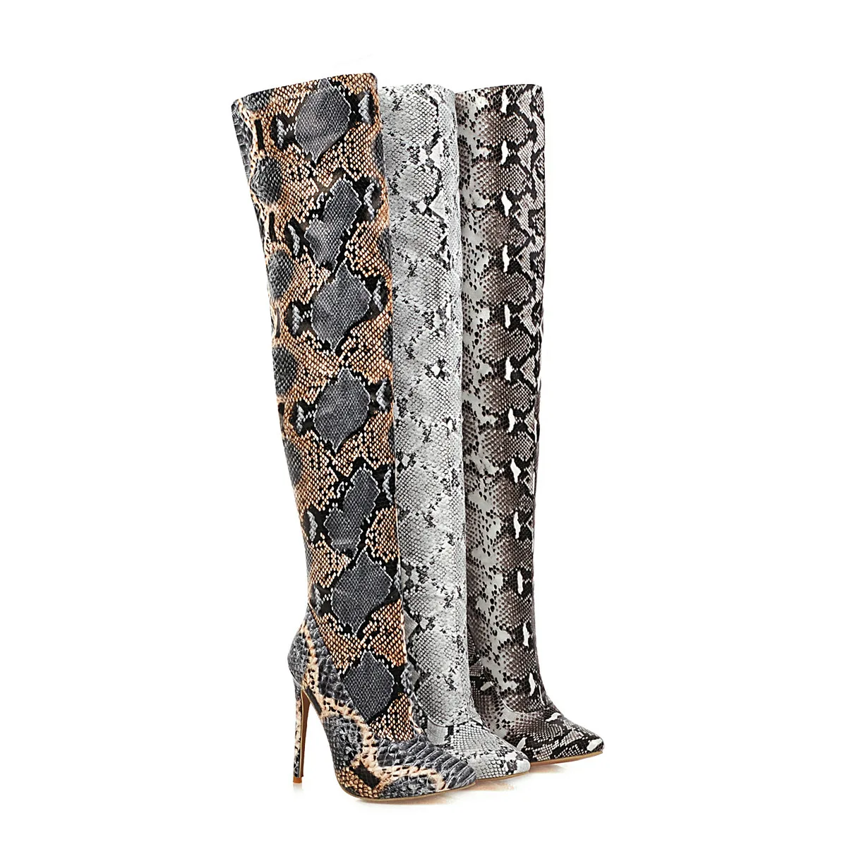 MFYB Women's Boots Winter New Sexy Slim High-heeled Women's Shoes Pointed Snake Pattern 35-43 Oversized Knee Boots