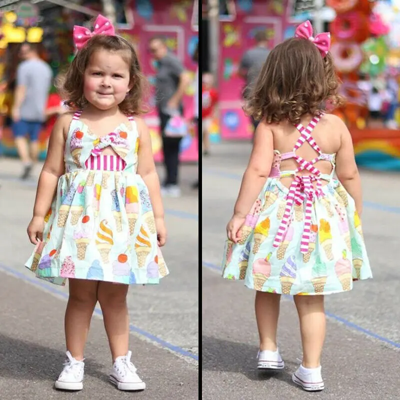 Pudcoco Toddler Baby Girl Clothes Ice Cream Print Strap Backless Cotton Tutu Dress Sundress Costume