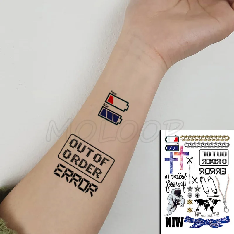 

Spaceman Cross Rosette Power Consumption Letter Tattoos Stickers Women Body Waist Arm Art Tattoos Temporary Girls Tatoos Chains