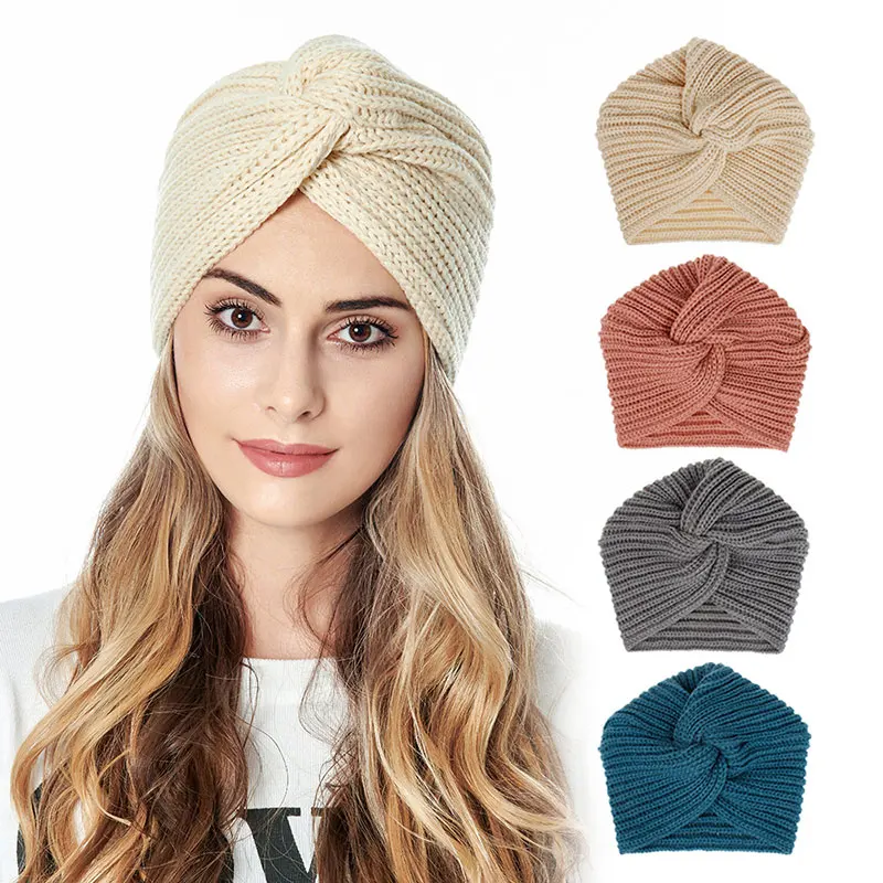 Ladies Fashion Wool Hat Simple Knitted Cashmere Cross Pure Color Hat