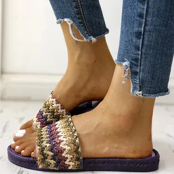 

Womens Flip Flops Grass Weav Breathable Flat Open Toe Shoe Light Casual Slippers Woman Cloth Slip on Flats Female sandales plate